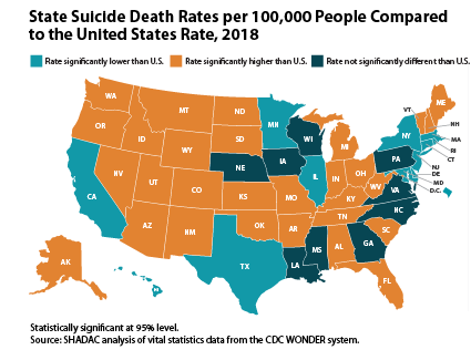 Suicide rates in the US compared to suicide death rates in individual states displayed on a geographical map of the US.
